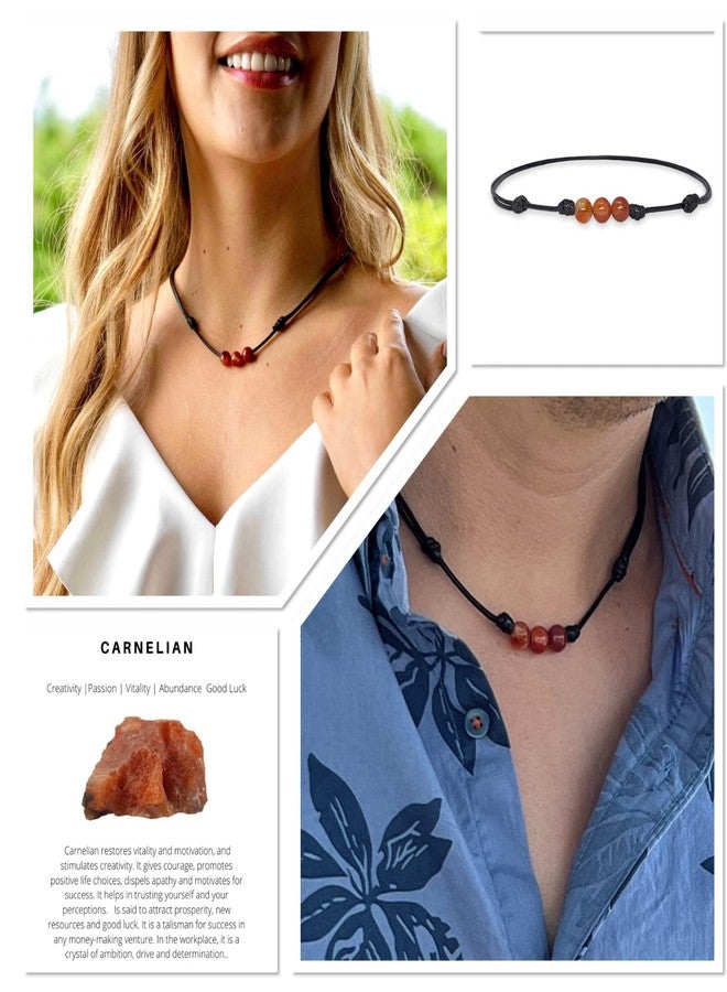 Luck Strings Carnelian Gemstone Beads Pendant Necklace with Adjustable Wax Nylon Cord - Unisex Beaded choker Men Women - Image 2